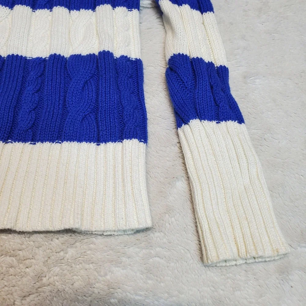 J. Crew White Blue Striped Cable Knit Sweater Small Preppy Chunky Cozy Cotton